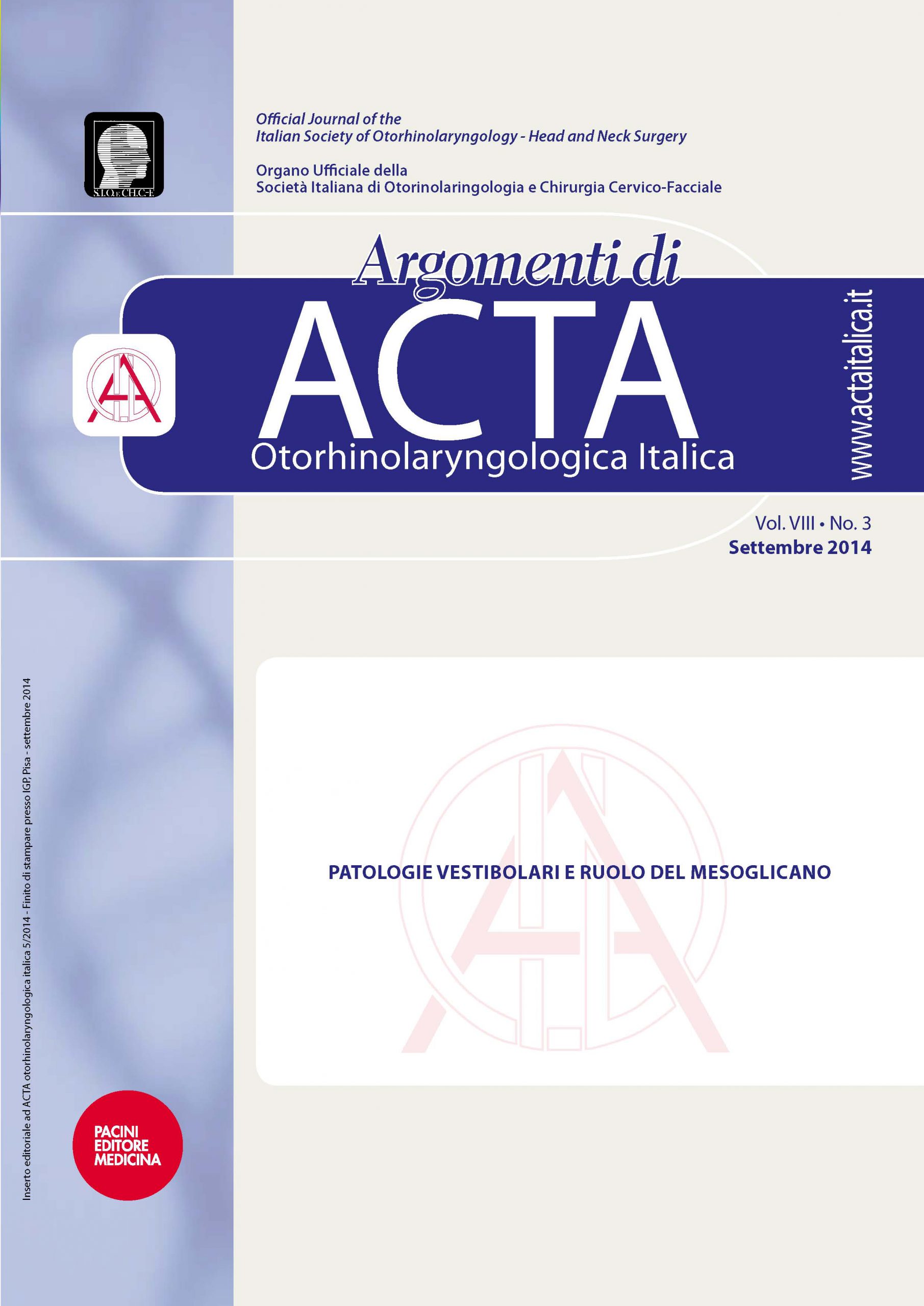 Argomenti di ACTA ORL "Patologie vestibolari e ruolo del mesoglicano"